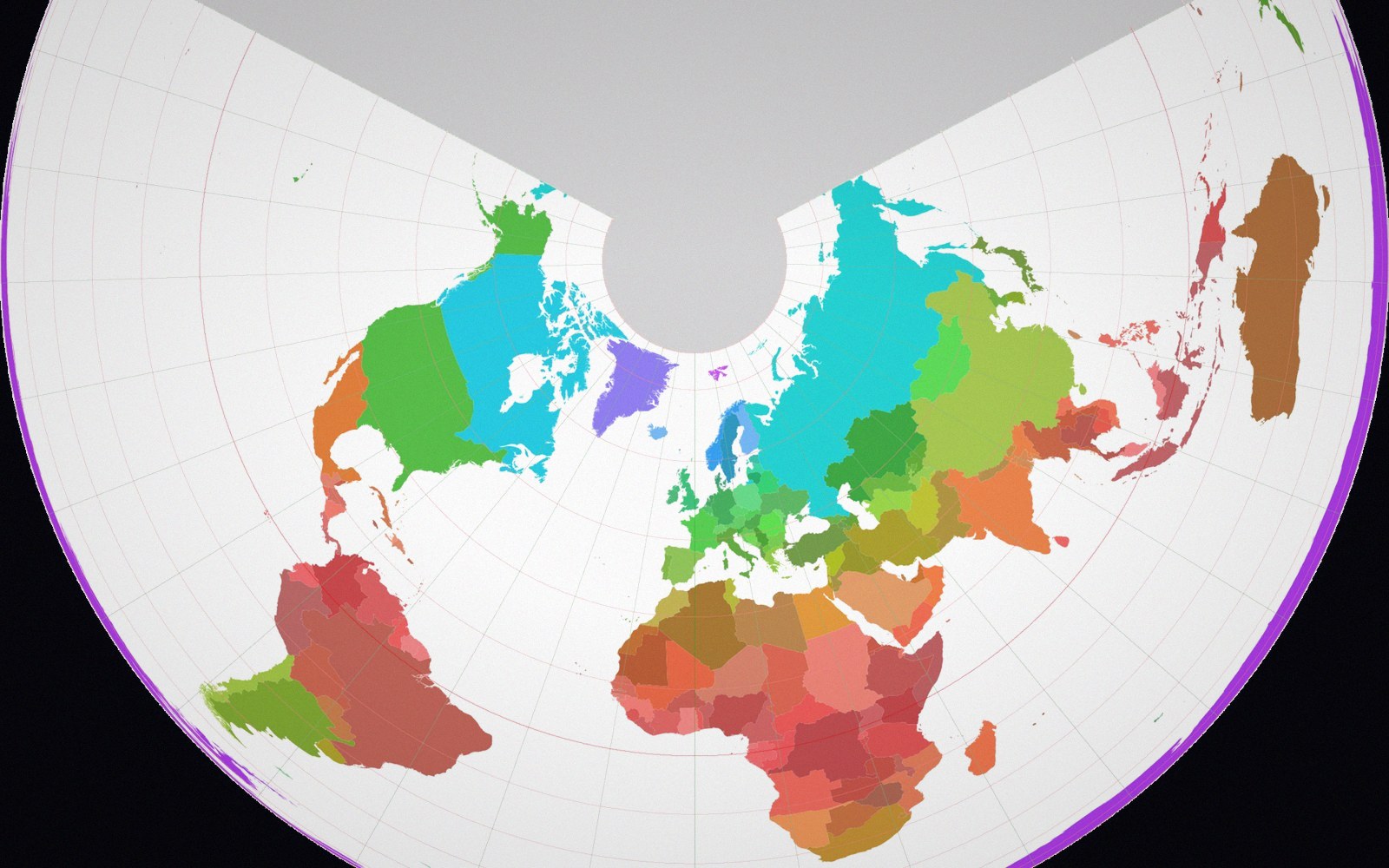 A fan-shaped world map projection showing continents in different colors radiating from the North Pole