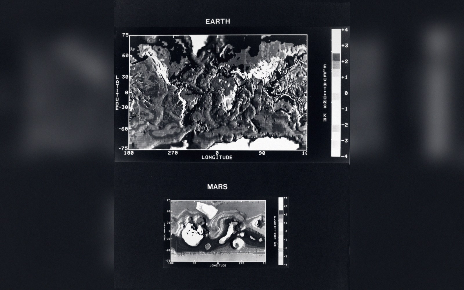 Grayscale elevation maps comparing global topography of Earth and Mars by latitude and longitude