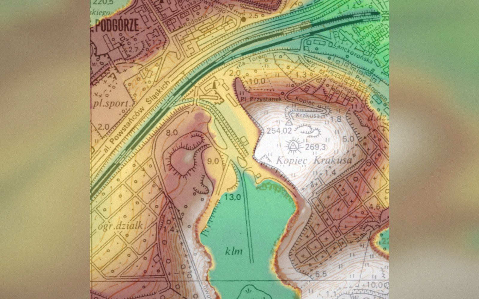 Topographic map showing elevation contours around Kopiec Krakusa in Kraków's Podgórze district
