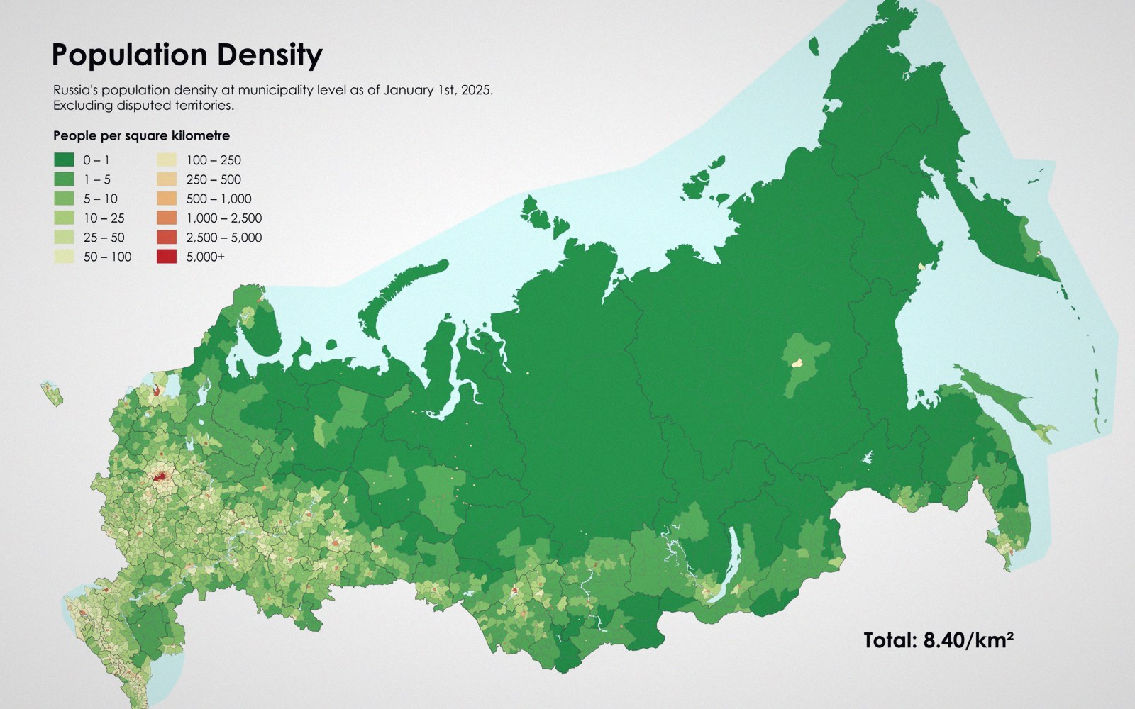 Map of Russia showing sparse population density across most regions, denser clusters near Moscow