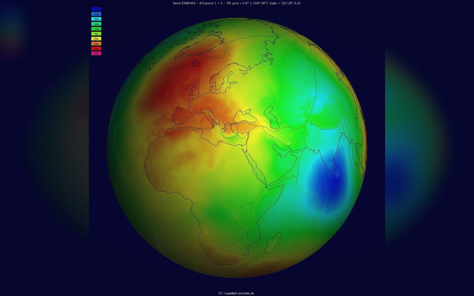 Color-coded globe model showing Earth's geoid variations across Europe, Africa, and Asia