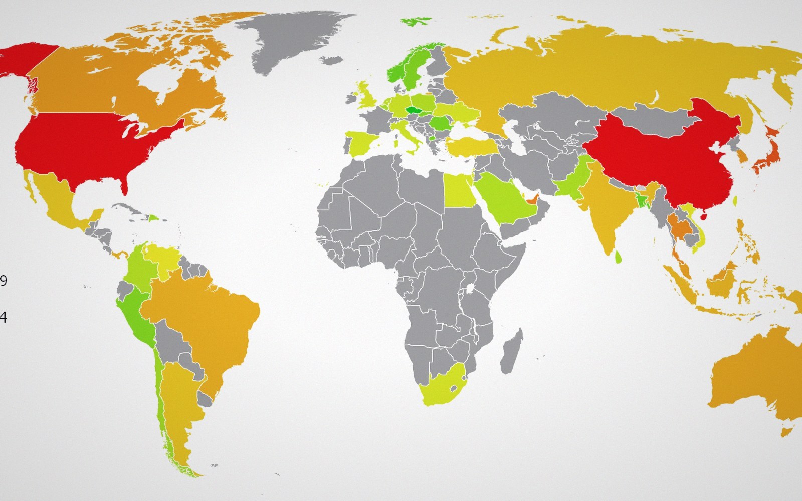 World map with countries shaded in red, orange, yellow and green by data value