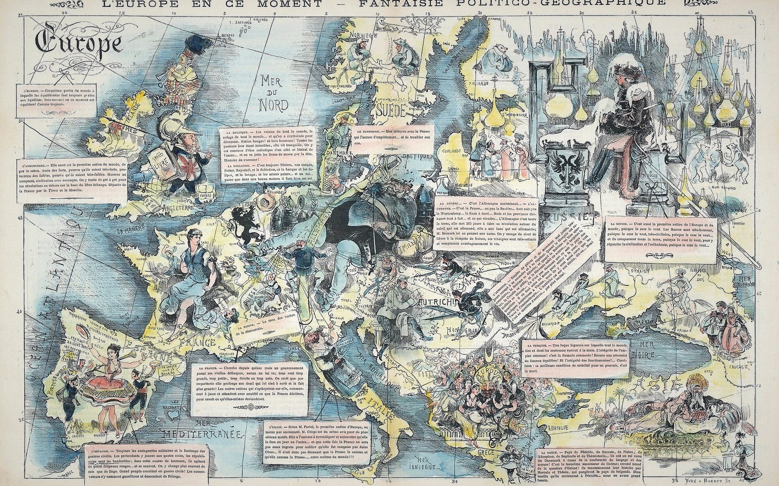 Satirical hand-colored map of Europe with countries depicted as costumed human and animal figures