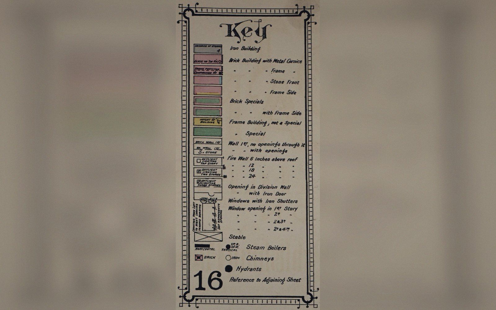 Ornate map key with color-coded building materials and symbols for hydrants, chimneys and fire walls