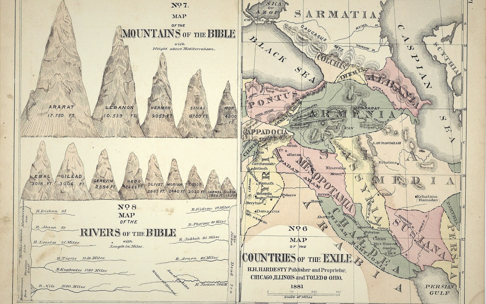 An 1881 antique map showing biblical mountain heights, river lengths, and the countries of the Exile