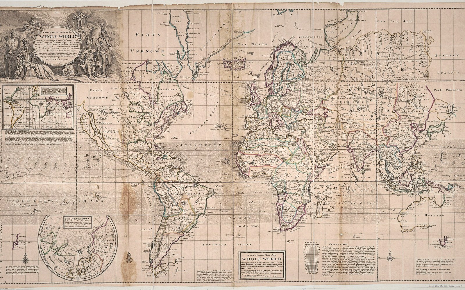 An antique world map with hand-colored borders, an ornate title cartouche, and inset polar projections