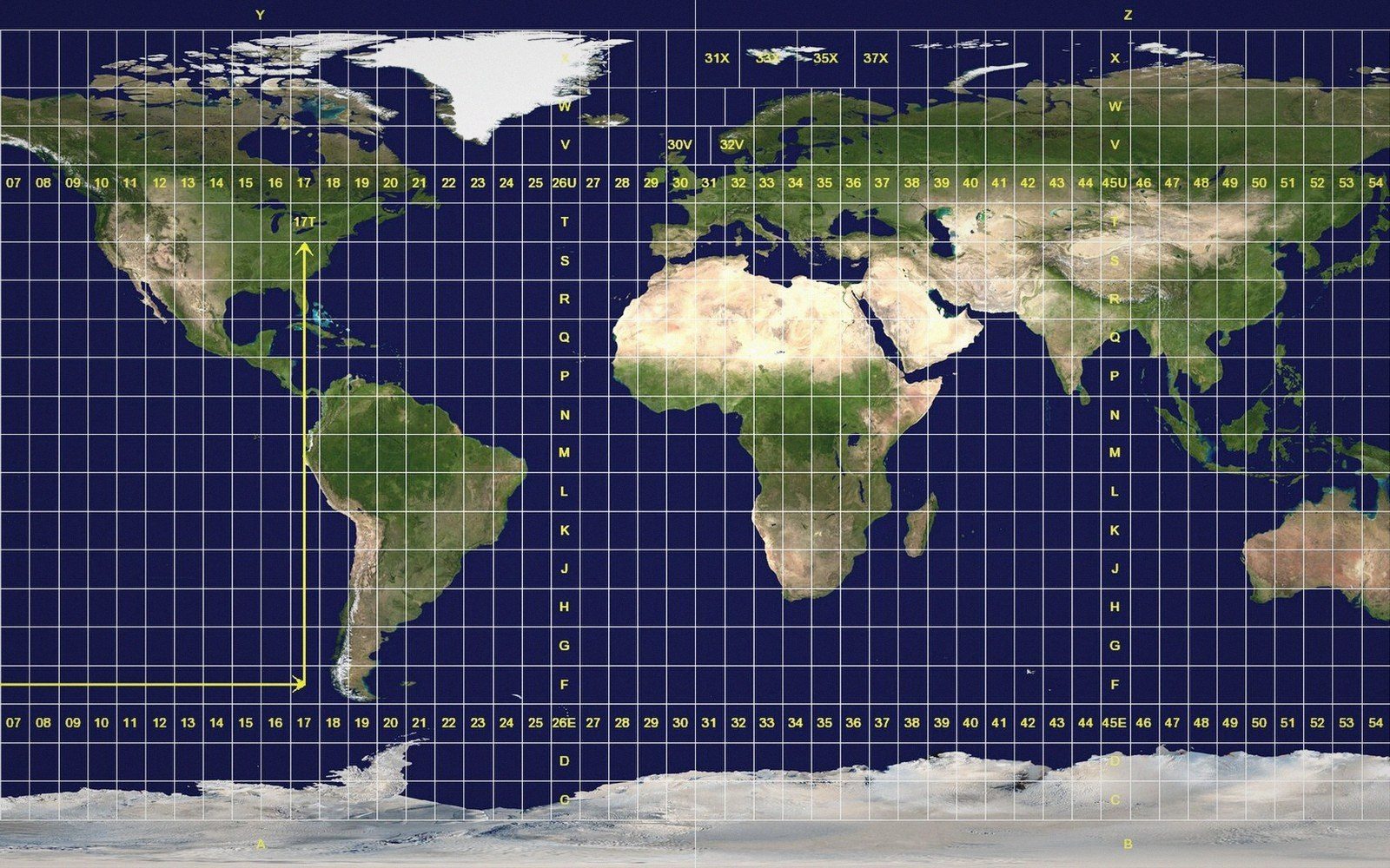 World map overlaid with UTM grid zones labeled by numbered columns and lettered rows