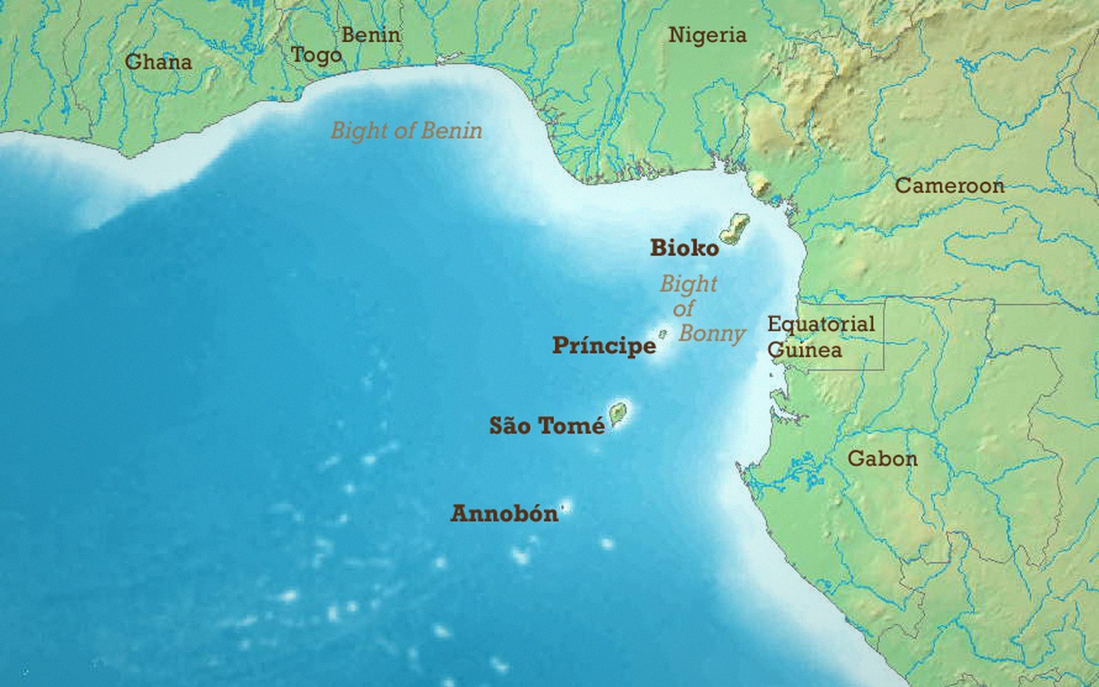 Map of the Gulf of Guinea showing Bioko, Príncipe, São Tomé and Annobón islands