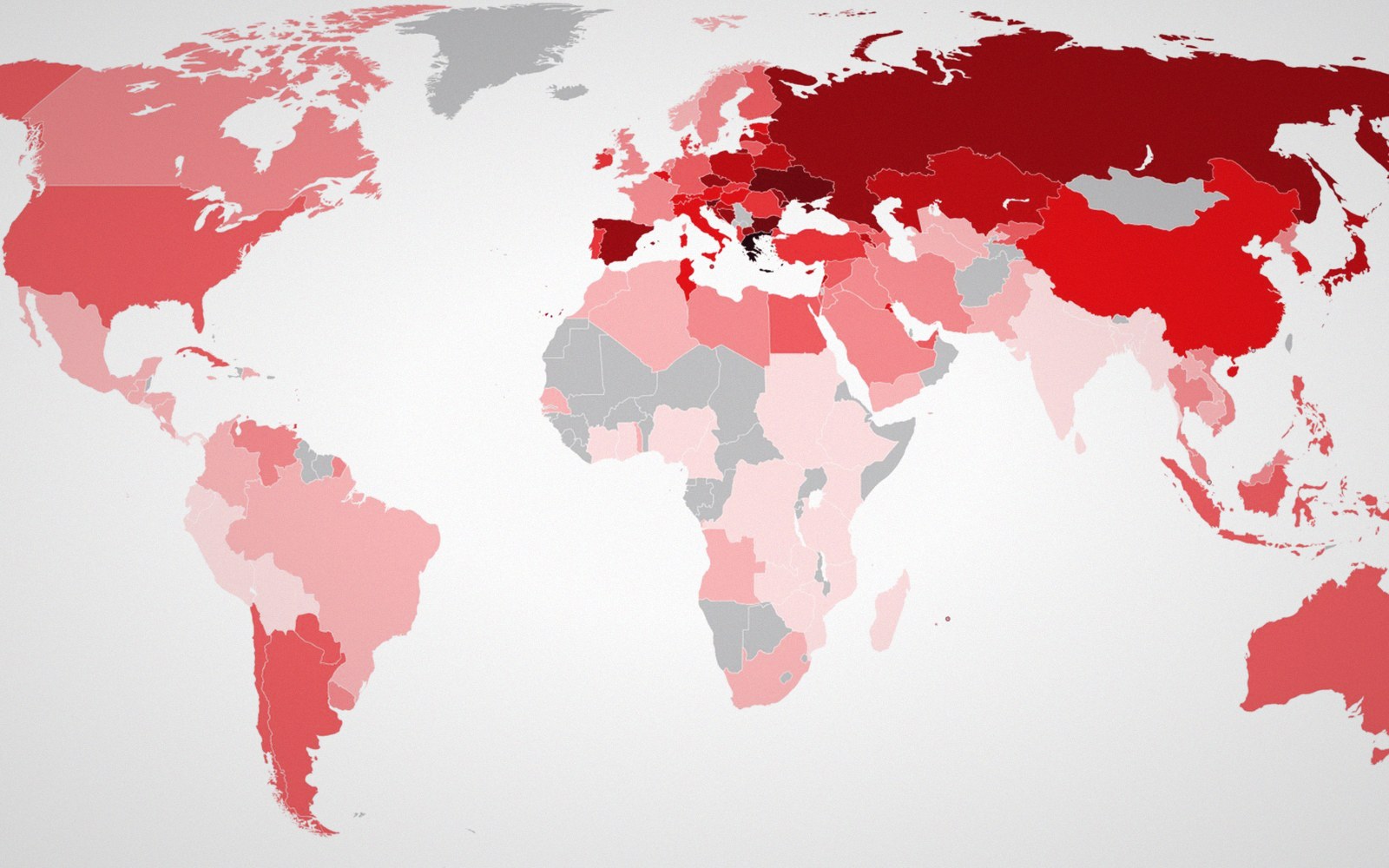 World map shaded in varying red tones showing intensity differences by country