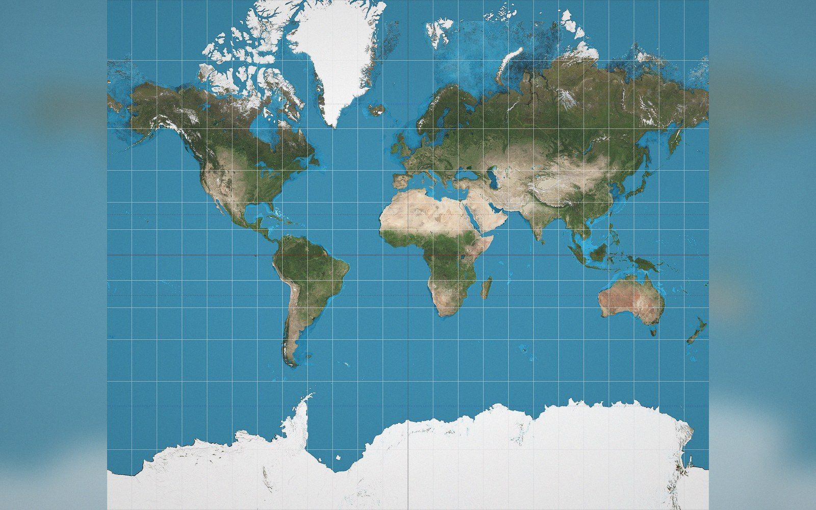 World map in Mercator projection with grid lines showing distorted continent sizes